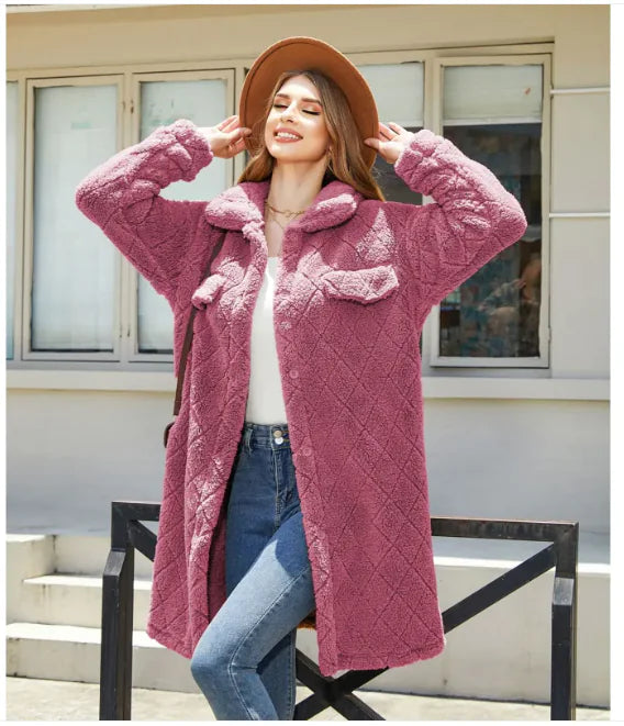 Women's Plush Diamond Button Loose Overcoat