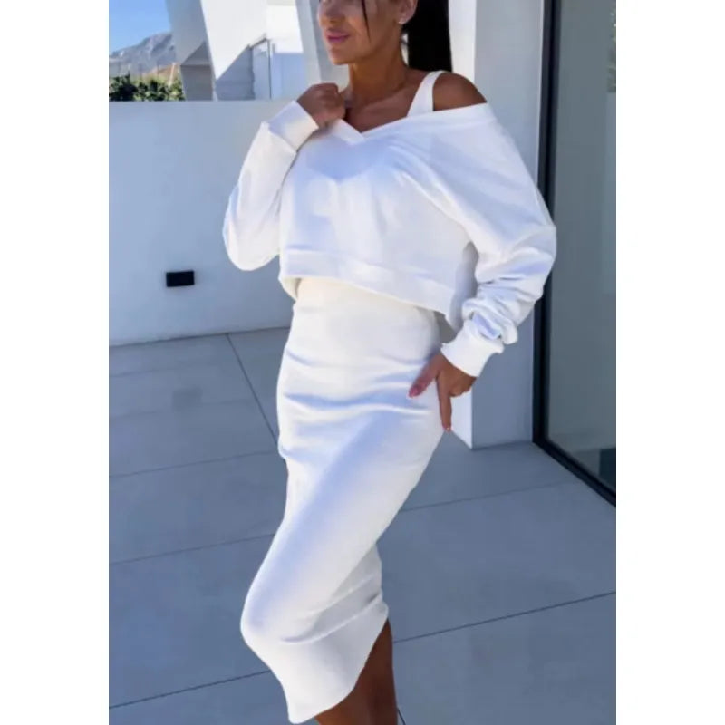 Spring Autumn Women's V Neck Vest & Skirt Set