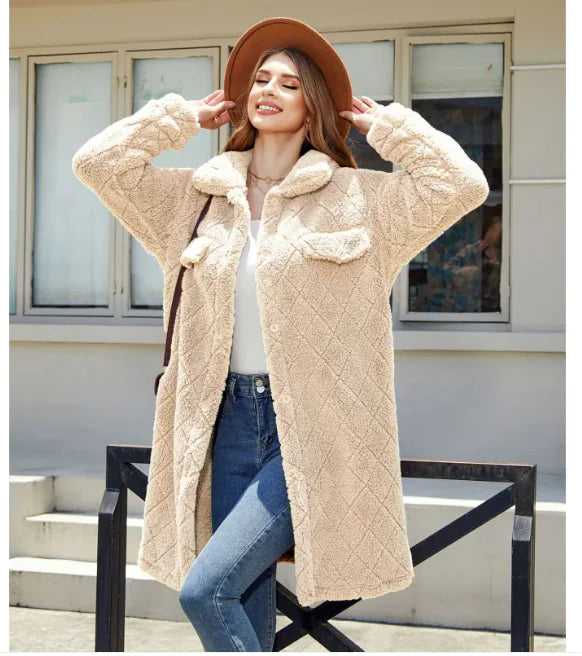 Women's Plush Diamond Button Loose Overcoat