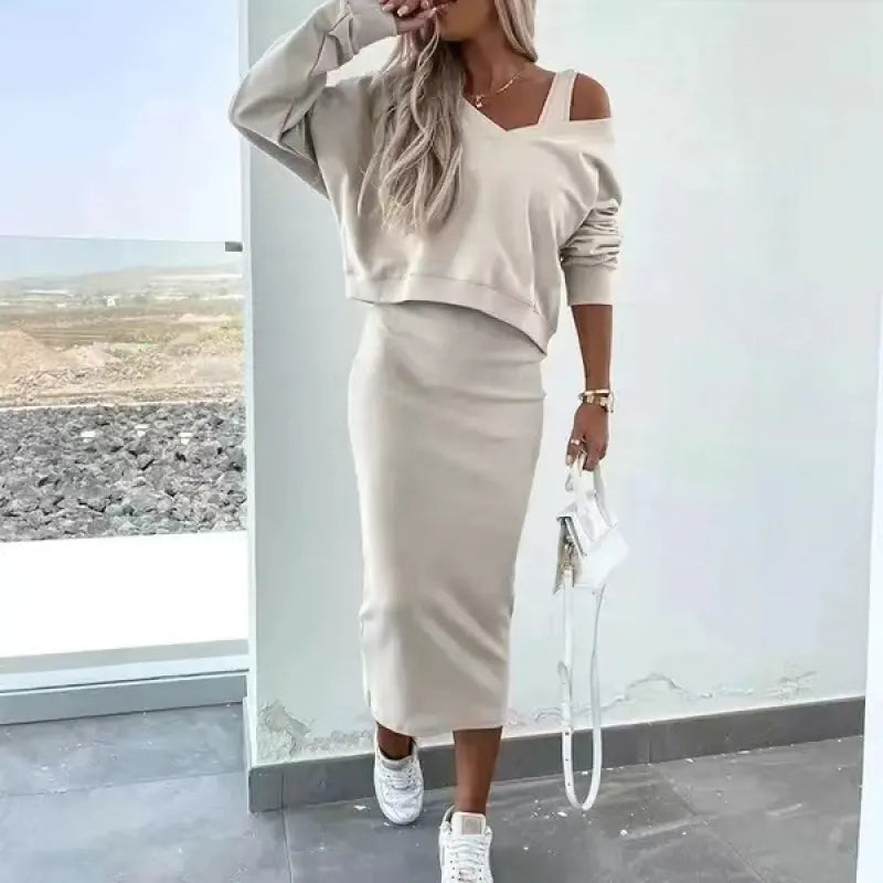 Spring Autumn Women's V Neck Vest & Skirt Set