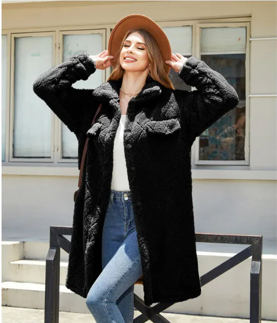 Women's Plush Diamond Button Loose Overcoat