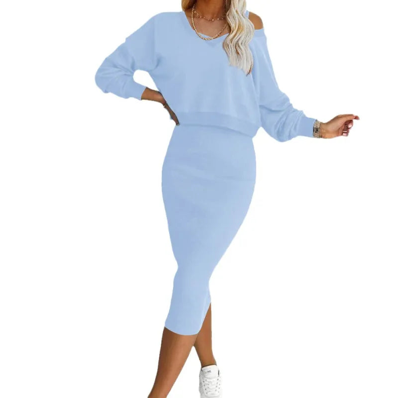 Spring Autumn Women's V Neck Vest & Skirt Set