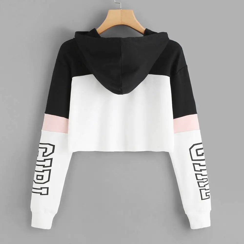 Patchwork Crop Top Hoodie Sweatshirt