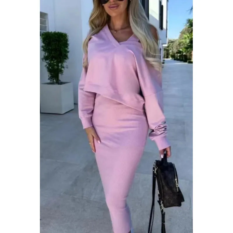 Spring Autumn Women's V Neck Vest & Skirt Set