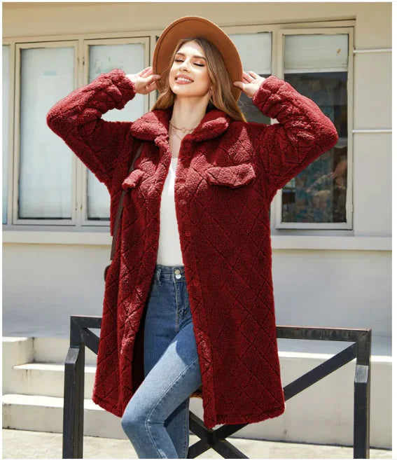 Women's Plush Diamond Button Loose Overcoat