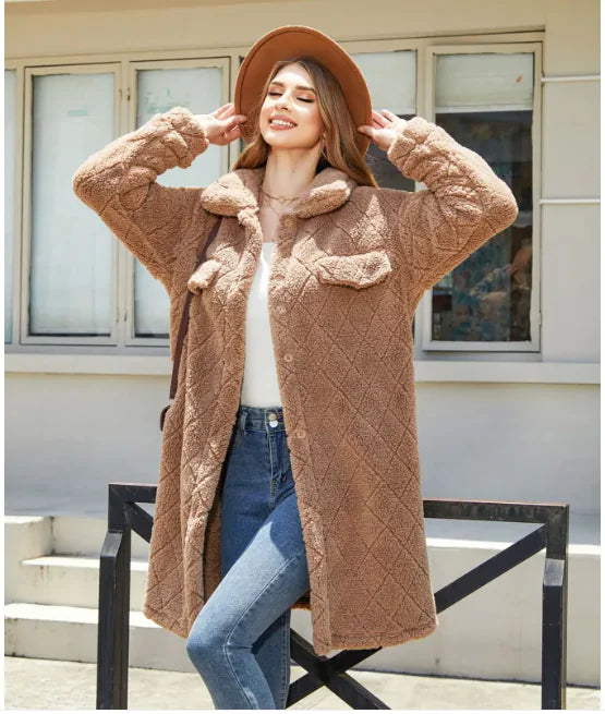 Women's Plush Diamond Button Loose Overcoat